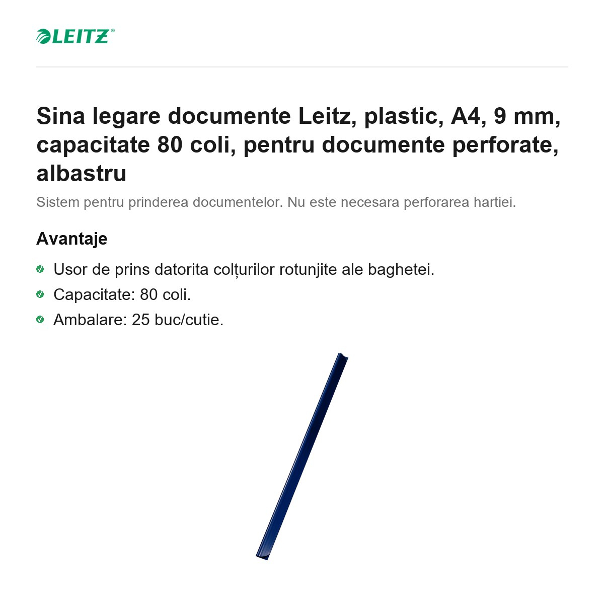 Sina legare documente Leitz, plastic, A4, 9 mm, capacitate 80 coli, pentru documente perforate, albastru [2]