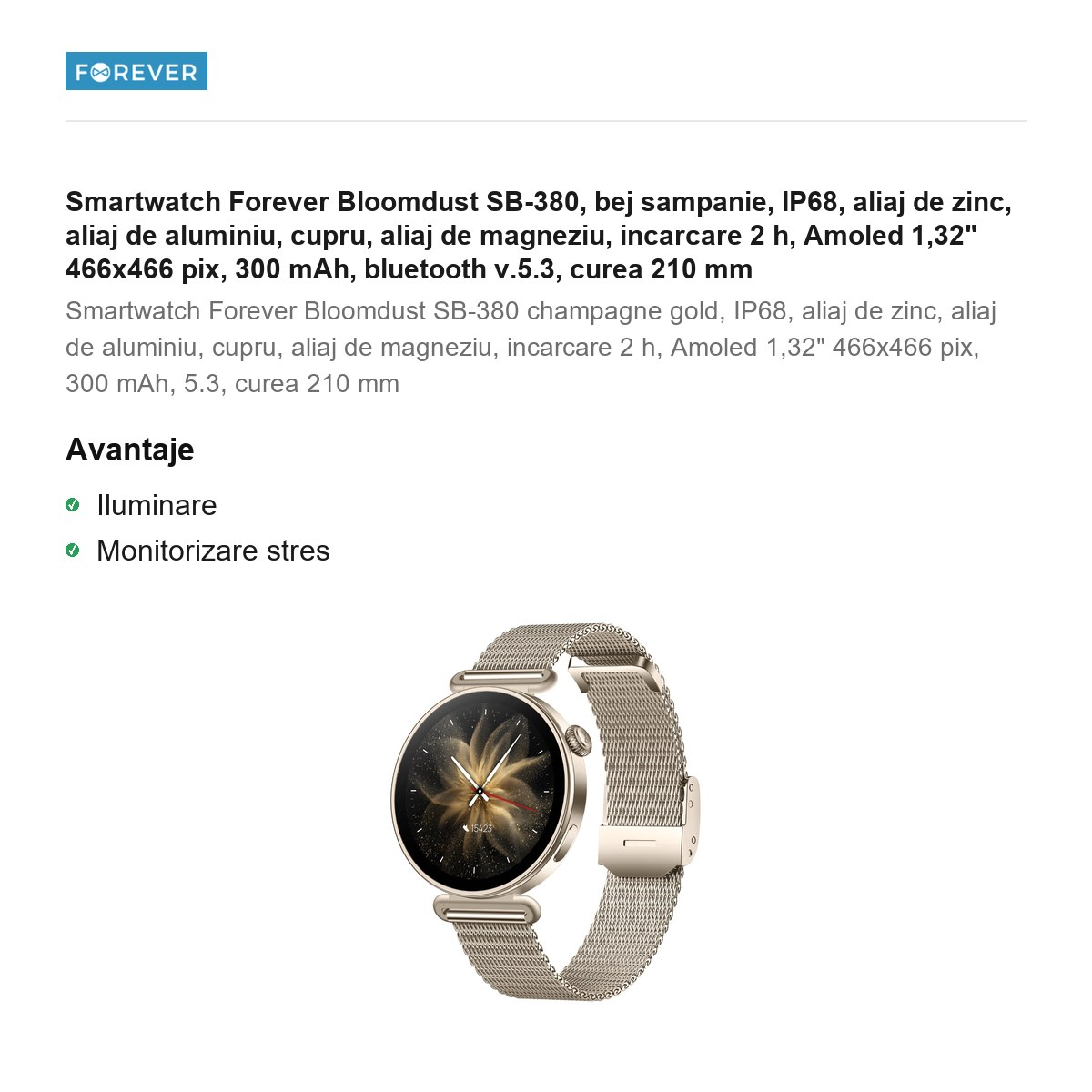 Smartwatch Forever Bloomdust SB-380, bej sampanie, IP68, aliaj de zinc, aliaj de aluminiu, cupru, aliaj de magneziu, incarcare 2 h, Amoled 1,32" 466x466 pix, 300 mAh, bluetooth v.5.3, curea 210 mm [2]
