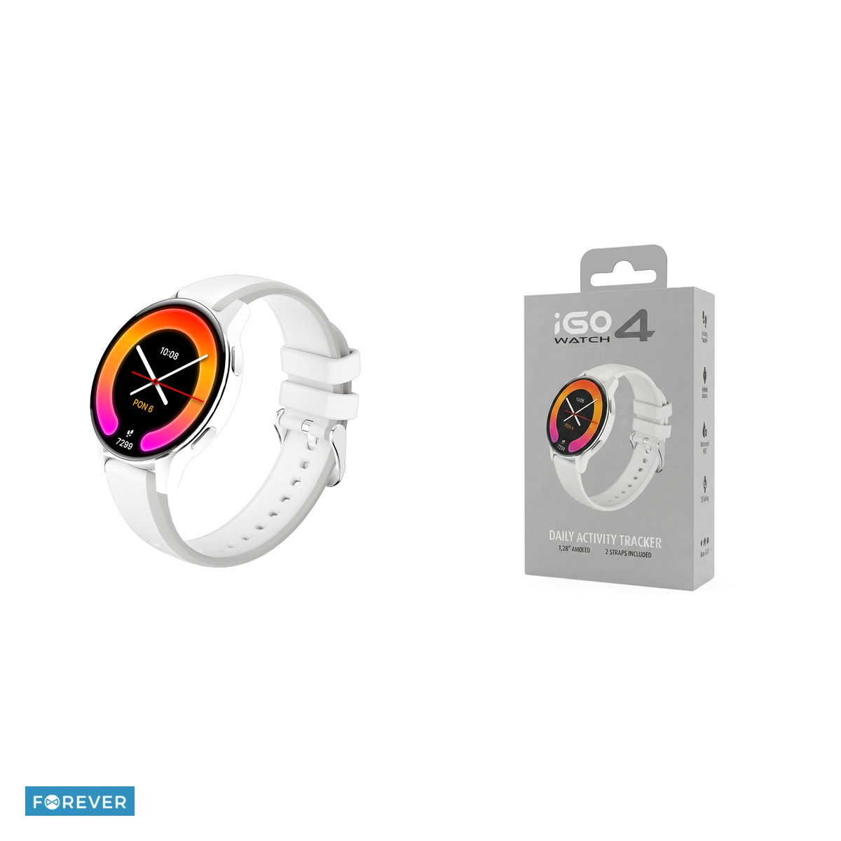 Smartwatch Forever iGo Watch 4! JW-600, alb, IP67, plastic, silicon, incarcare 2 h, ecran 1,28 ", AMOLED, 416×416 px, sticla AGC, ecran tactil, 280 mAh, bluetooth v.5.3, curea 205 mm [4]
