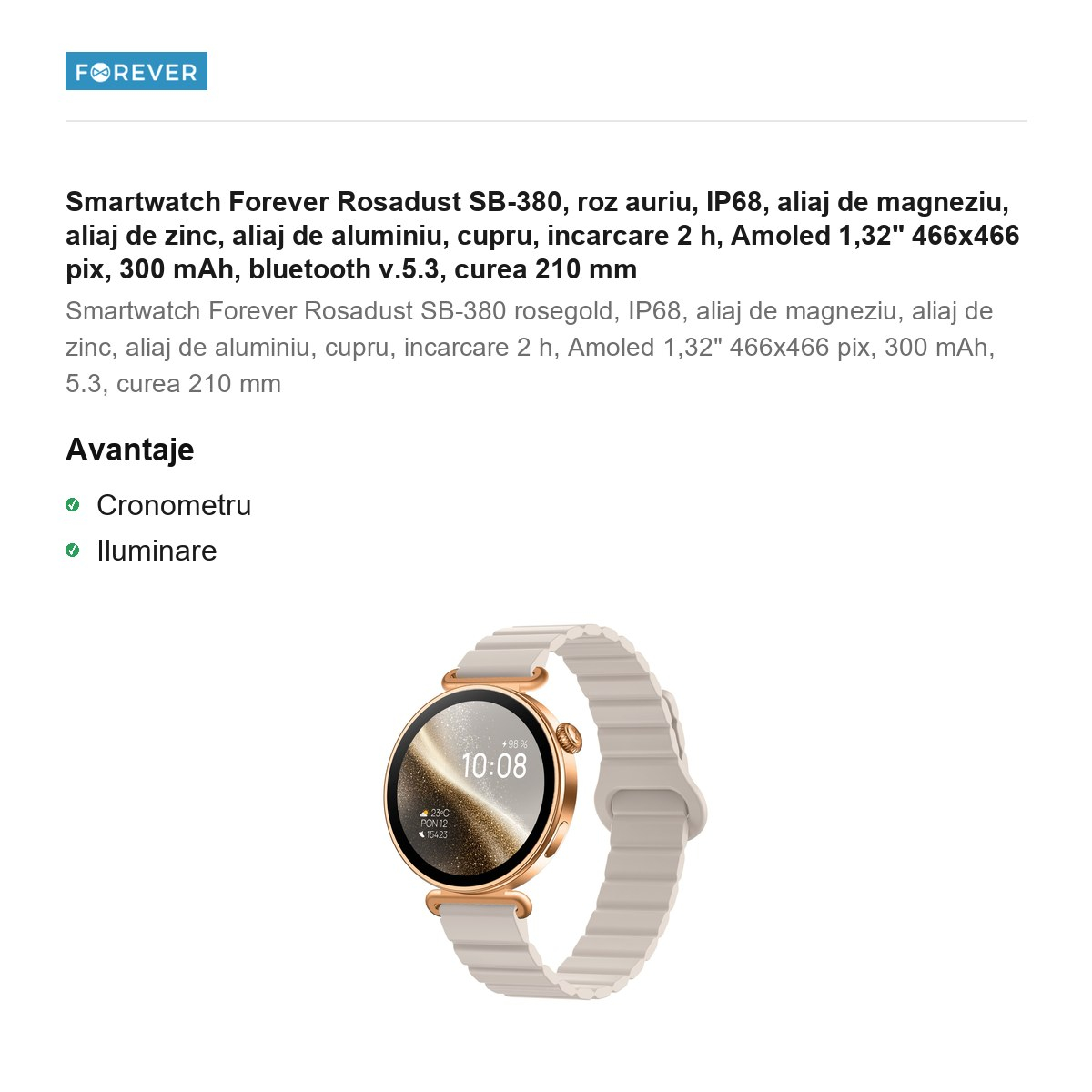 Smartwatch Forever Rosadust SB-380, roz auriu, IP68, aliaj de magneziu, aliaj de zinc, aliaj de aluminiu, cupru, incarcare 2 h, Amoled 1,32" 466x466 pix, 300 mAh, bluetooth v.5.3, curea 210 mm [2]