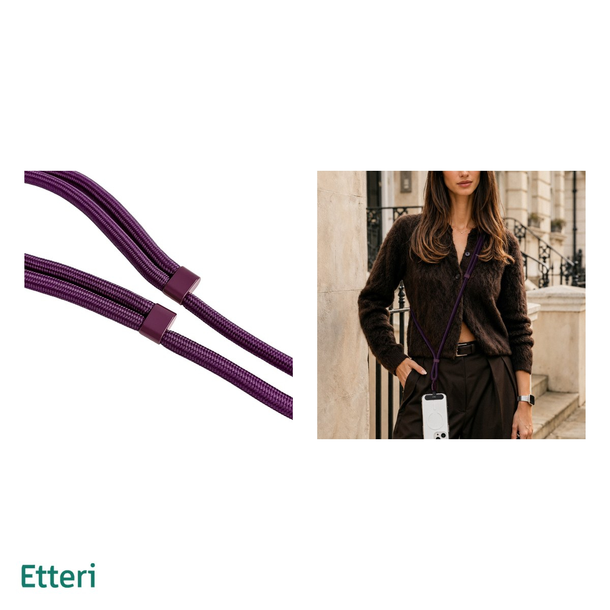 Snur Etteri Universal Neck Strap, ajustabil de la 70 la 150 cm, cu accesorii si finisaje metalice, cu 2 insertii de montaj pentru husa, visiniu [5]