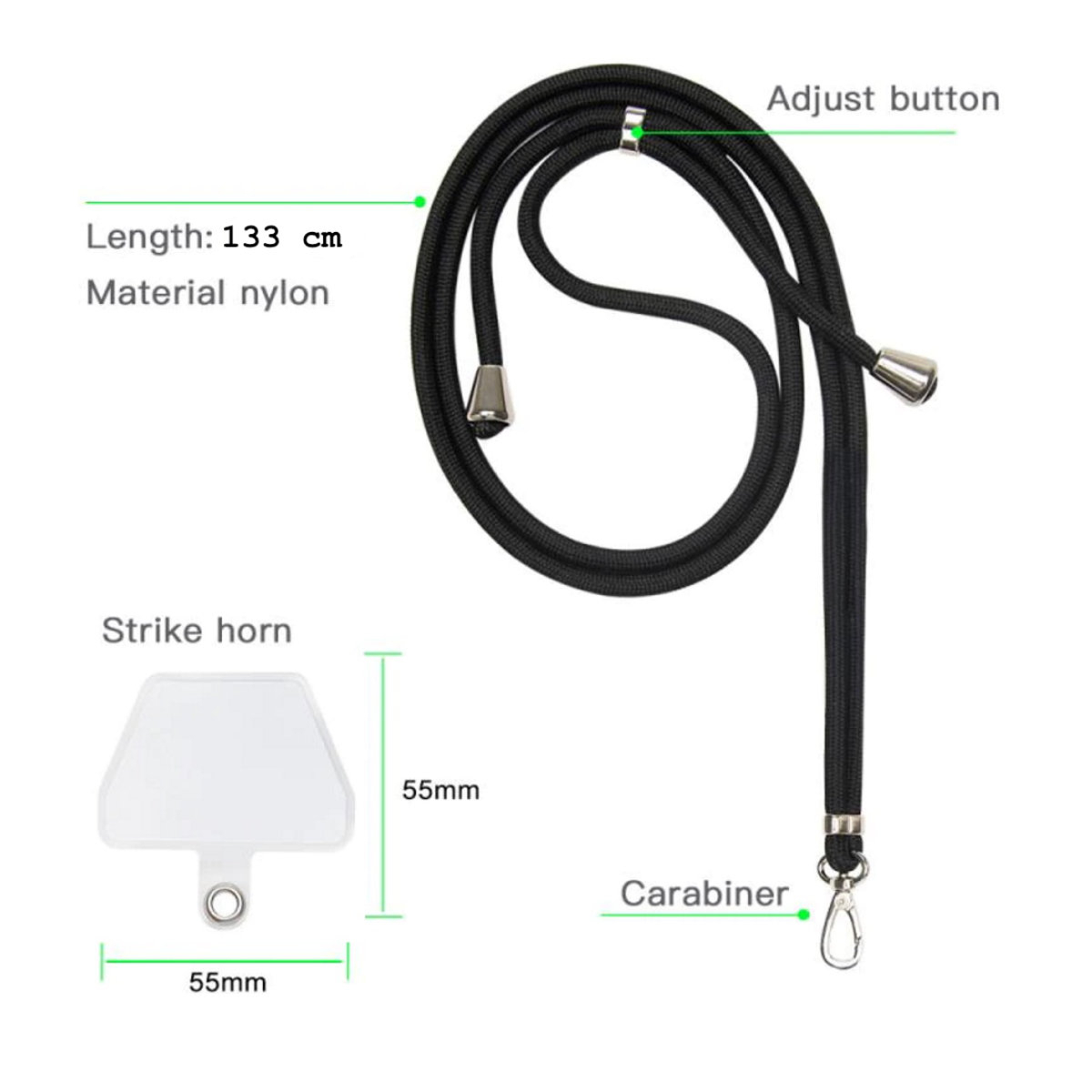Snur universal de prindere telefon, Neck Strap 92822, lungime 133 cm, reglabila, cu carabina metalica, negru [3]