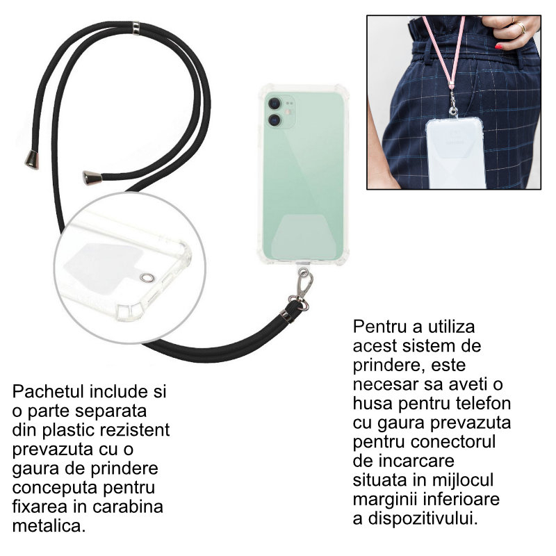 Snur universal de prindere telefon, Neck Strap 92822, lungime 133 cm, reglabila, cu carabina metalica, negru [7]
