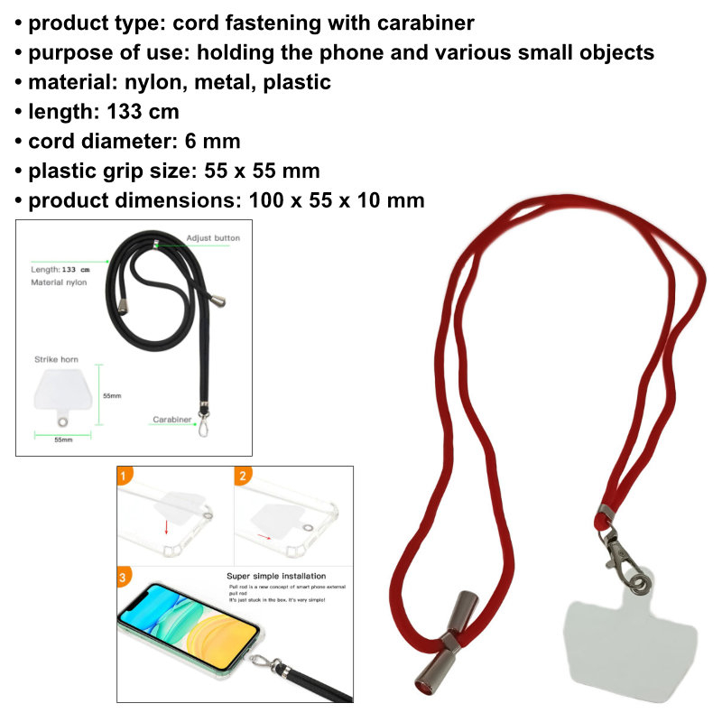 Snur universal de prindere telefon, Neck Strap 92823, lungime 133 cm, reglabil, cu carabina metalica, rosu [6]