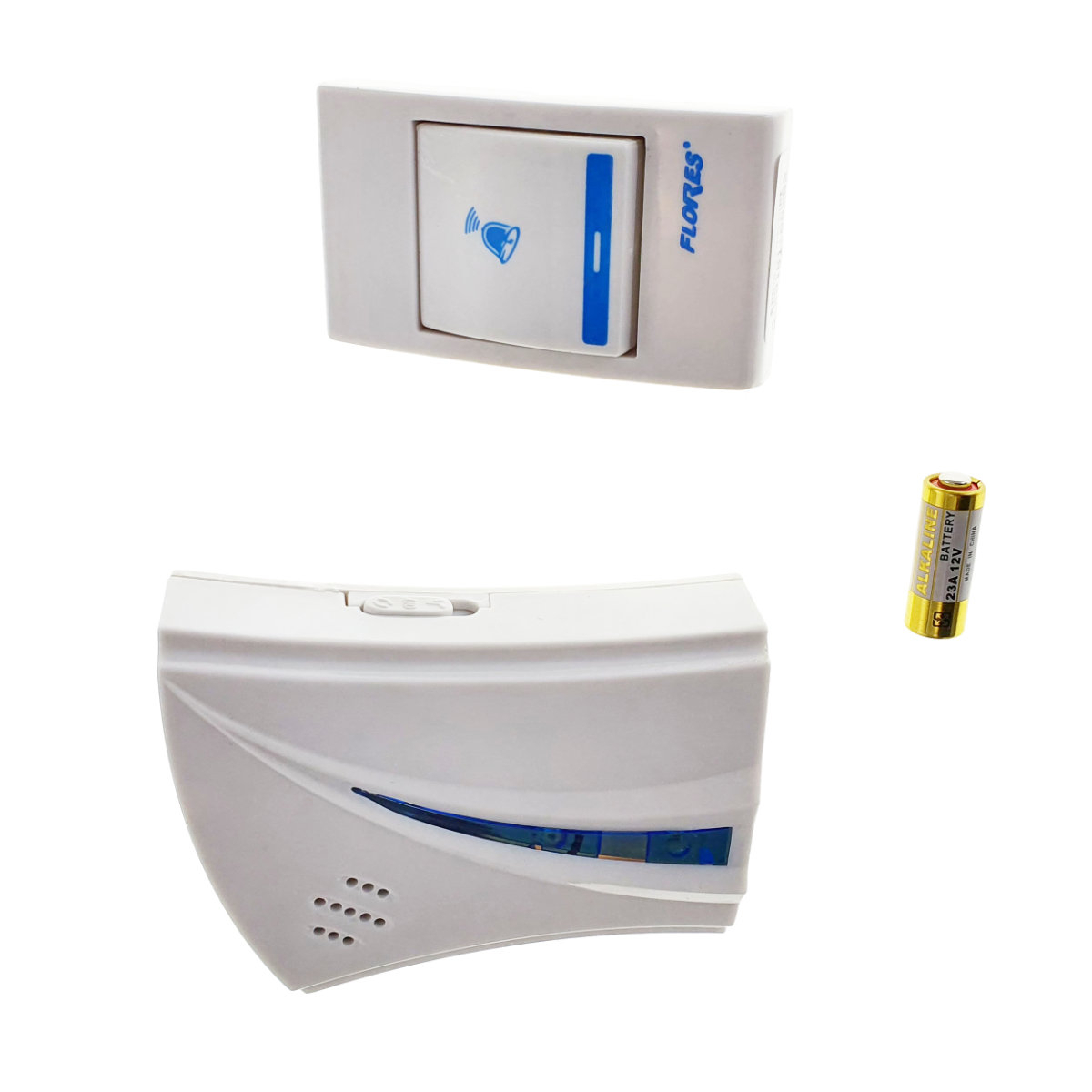 Sonerie cu buton Wireless conectare la priza, Flores FE-40795, receptor, 32 melodii, raza actiune 100 metri, sistem anti-interferenta, alba cu albastru [12]