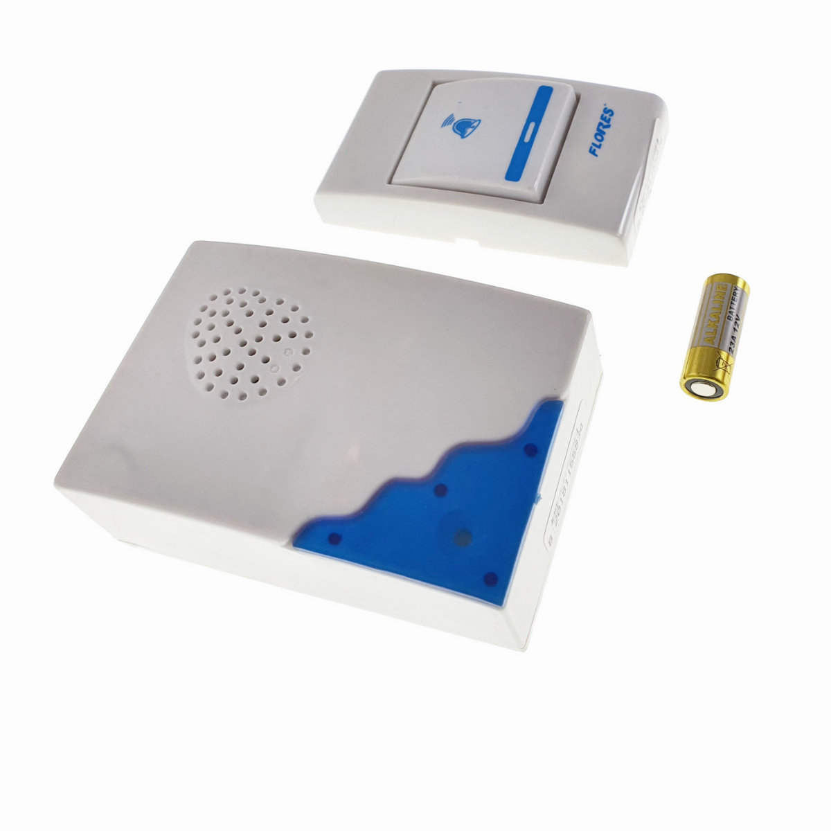 Sonerie cu buton Wireless cu baterii, Flores FE-40791, cu receptor, 32 melodii, raza actiune 100 metri, sistem anti-interferenta, alba cu albastru [6]