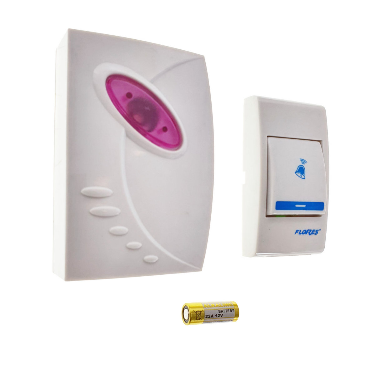 Sonerie cu buton Wireless cu baterii, Flores FE-40793, un receptor, 32 melodii, raza actiune 100 metri, sistem anti-interferenta, alba cu roz [1]