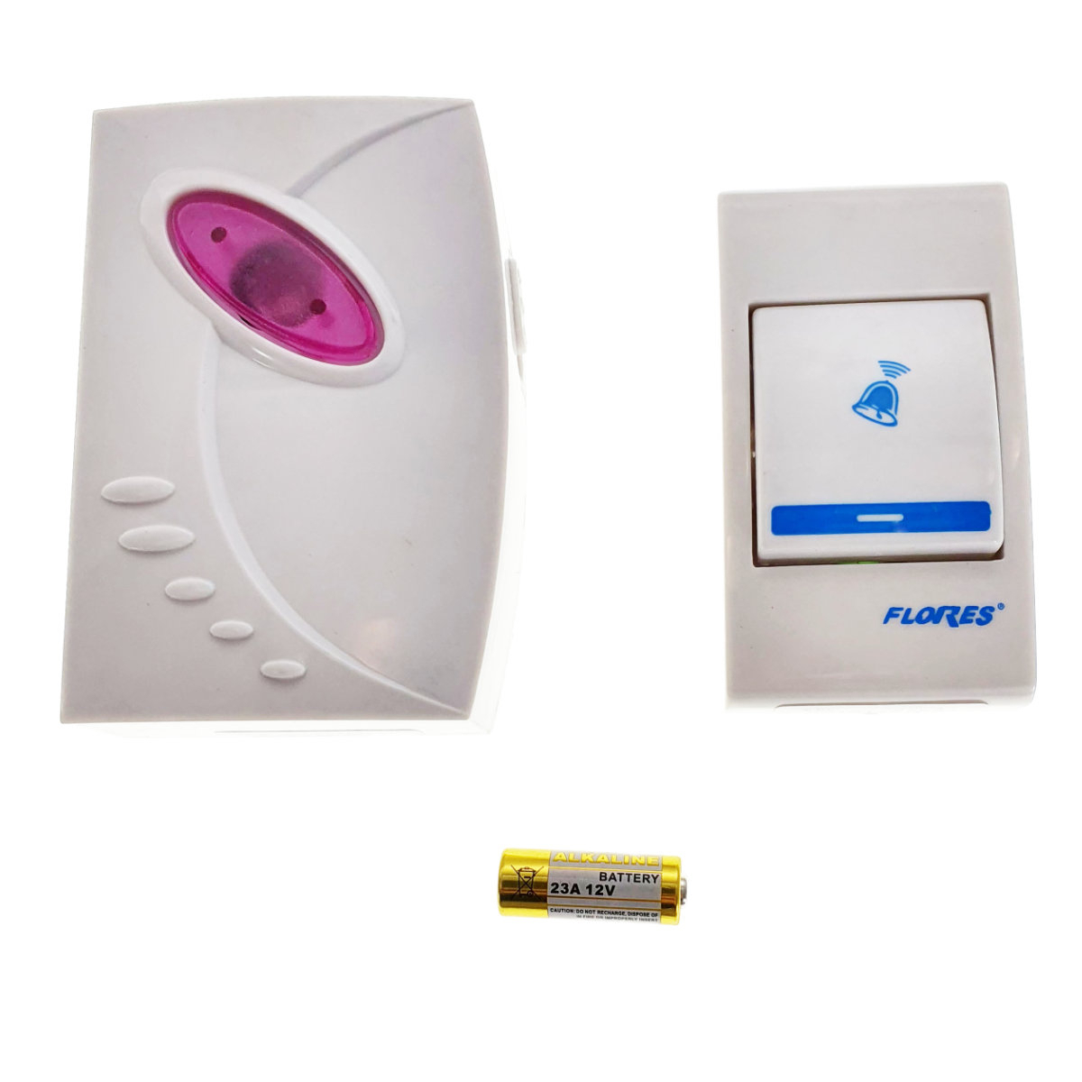 Sonerie cu buton Wireless cu baterii, Flores FE-40793, un receptor, 32 melodii, raza actiune 100 metri, sistem anti-interferenta, alba cu roz [10]