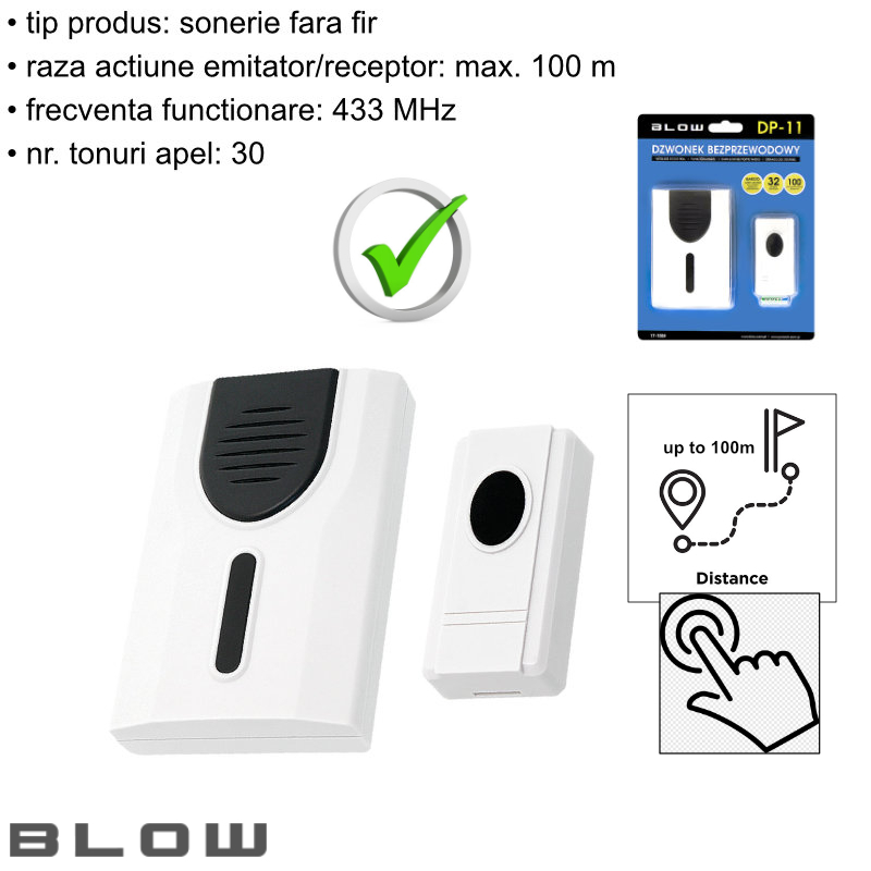 Sonerie fara fir-wireless, Blow DP-11 05461, 100m raza actiune, 30 tonuri, 1 x LED, 3 x AA, 1 x CR2032, alba [7]
