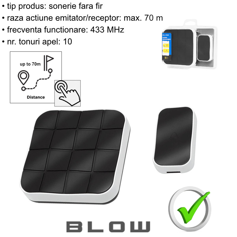 Sonerie fara fir-wireless, Blow DR-11 07894, 70m raza actiune, 10 tonuri, 2 x LED, 433MHz, 3 x AA, 1 x CR2032, neagra [7]