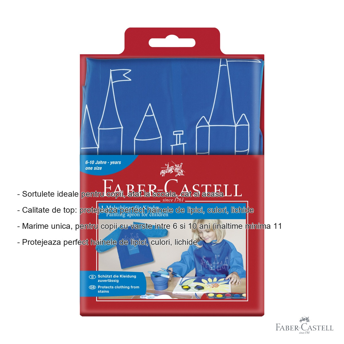 Sortulet pentru pictura Faber-Castell, maneci lungi cu elastic, pentru copii 6-10 ani, albastru [3]