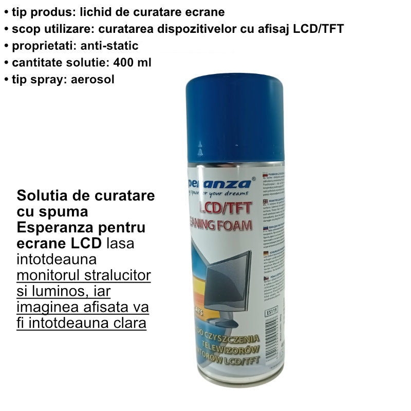 Spuma curatare ecrane 400ml, Esperanza ES119, anti-statica, pentru ecrane LCD/TFT [6]