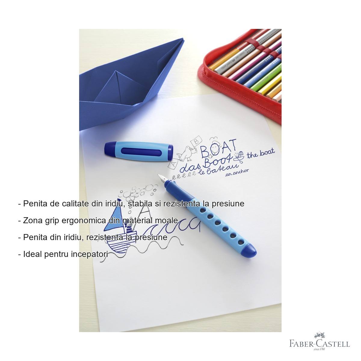 Stilou scolar Faber-Castell Scribolino pentru stangaci, penita iridiu, albastru [4]