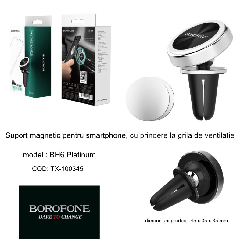 Suport auto magnetic, Borofone BH6 Platinum, cu prindere la grila de ventilatie, argintiu [13]