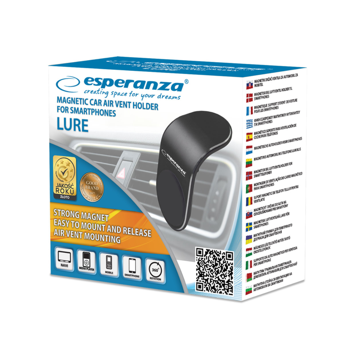 Suport auto magnetic, Esperanza Lure 94287, cu clema de prindere la grila de ventilatie, negru [10]