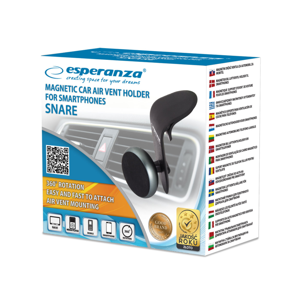 Suport auto magnetic, Esperanza Snare 94288, cu clema de prindere la grila de ventilatie, negru cu argintiu [10]