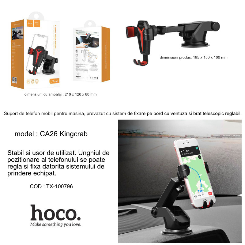 Suport auto telefon, Hoco CA26 Kingcrab, cu ventuza de fixare la baza si brat telescopic reglabil [15]