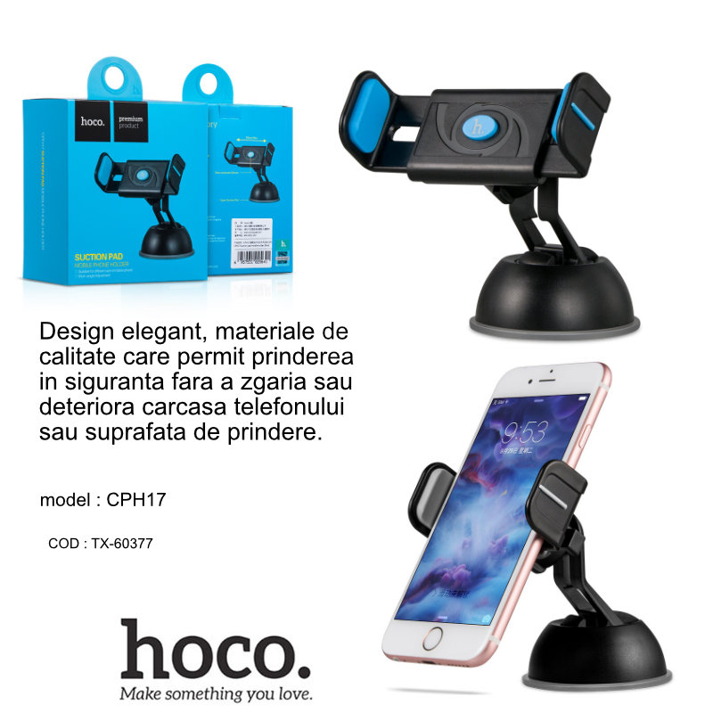 Suport auto telefon, HOCO CPH17, prindere semiautomatica 58 - 85 mm, cu ventuza de fixare la baza [6]