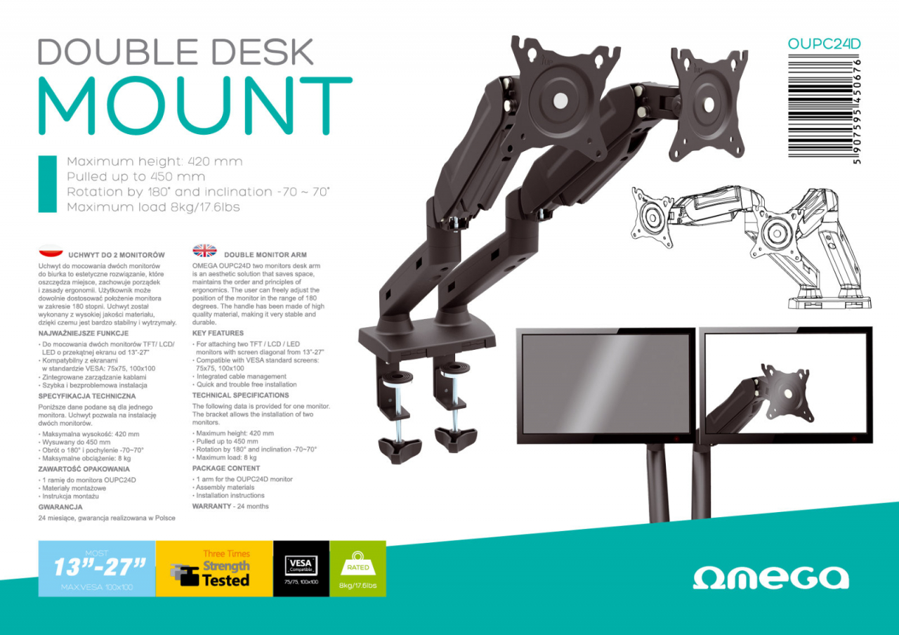 Suport birou 2 monitoare, Omega 45067, 13''-27'', inaltime maxima 420mm, rotatie 180° si inclinatie 70°, VESA 75x75 si 100x100, max.8 kg, negru [4]