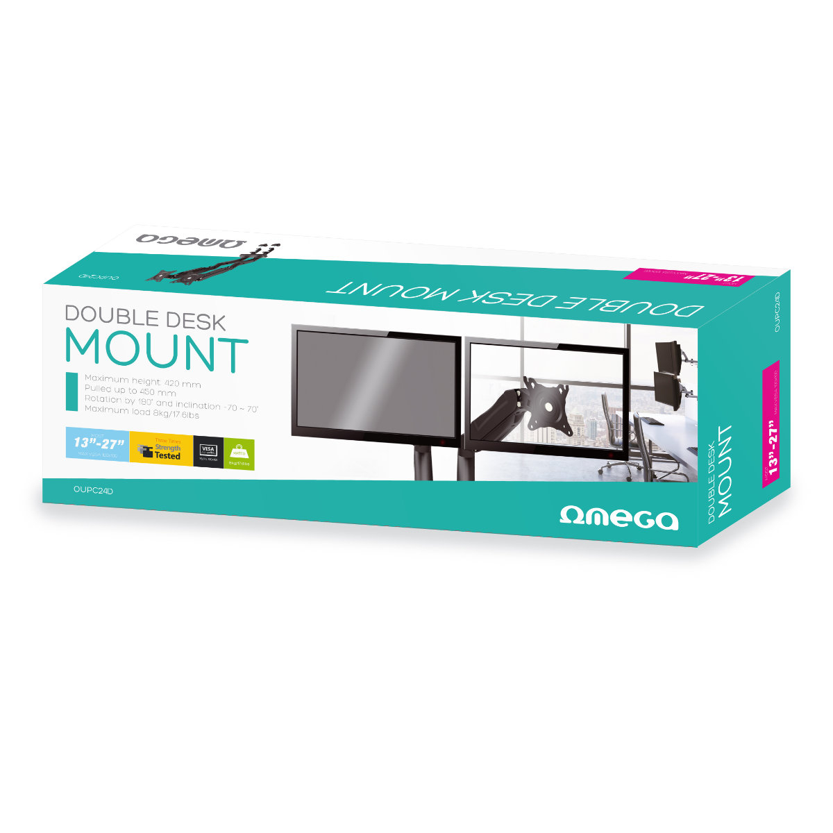Suport birou 2 monitoare, Omega 45067, 13''-27'', inaltime maxima 420mm, rotatie 180° si inclinatie 70°, VESA 75x75 si 100x100, max.8 kg, negru [7]