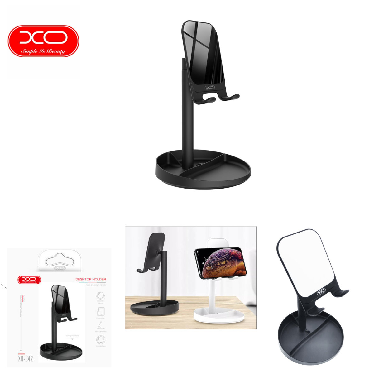 Suport de birou universal, XO-C42 86730 Desktop Holder, din metal, cu oglinda, negru [4]