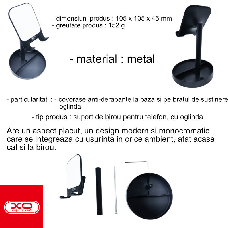 Suport de birou universal, XO-C42 86730 Desktop Holder, din metal, cu oglinda, negru [7]