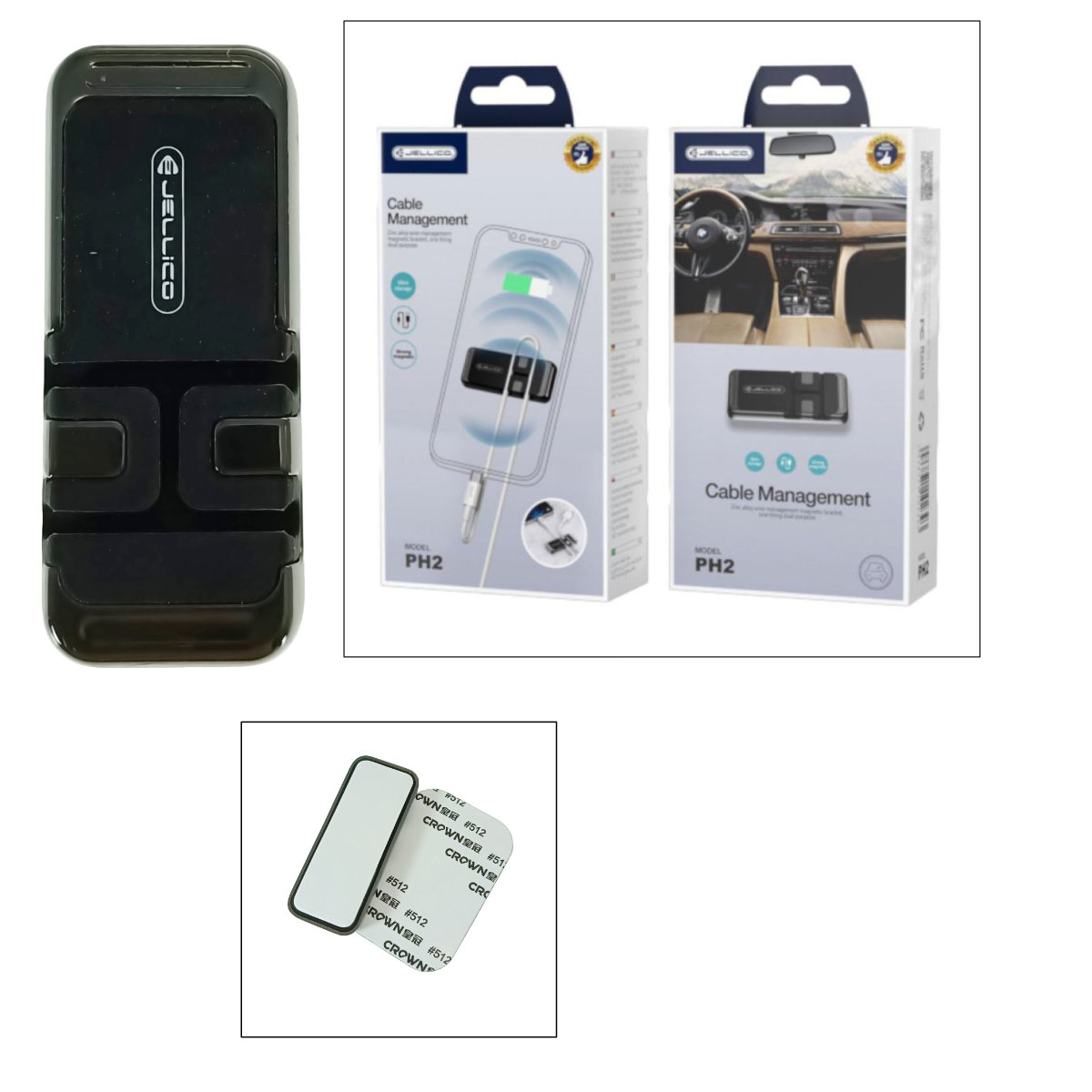 Suport magnetic universal cu management cablu pentru telefon mobil, Jellico PH2, cu adeziv, argintiu cu negru [3]