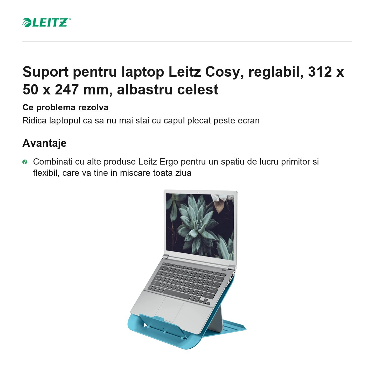 Suport pentru laptop Leitz Cosy, reglabil, 312 x 50 x 247 mm, albastru celest [2]