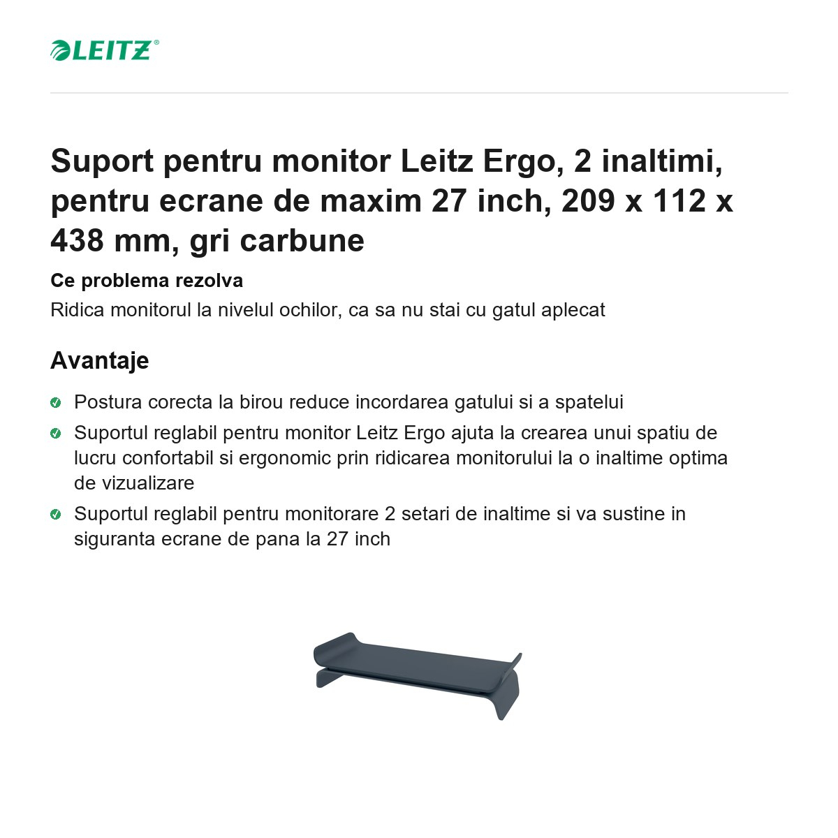 Suport pentru monitor Leitz Ergo, 2 inaltimi, pentru ecrane de maxim 27 inch, 209 x 112 x 438 mm, gri carbune [2]