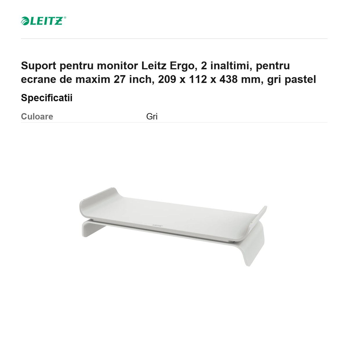 Suport pentru monitor Leitz Ergo, 2 inaltimi, pentru ecrane de maxim 27 inch, 209 x 112 x 438 mm, gri pastel [3]