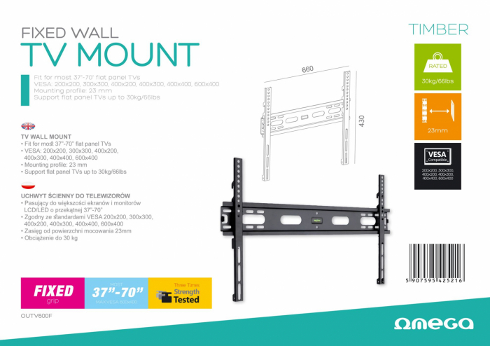 Suport TV fix, Omega ,37"-70", maxim VESA 600 ,TIMBER [2]