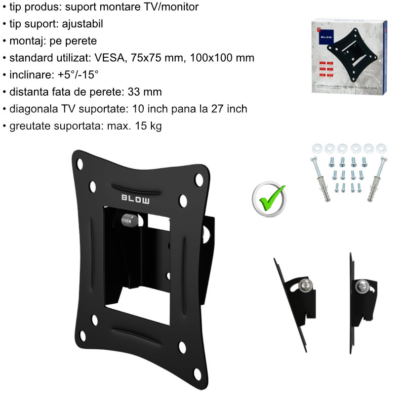 Suport TV/monitor universal, de perete, Blow 08172, 10-27 inch, 15kg max, VESA 75x75mm/100x100mm, negru [7]