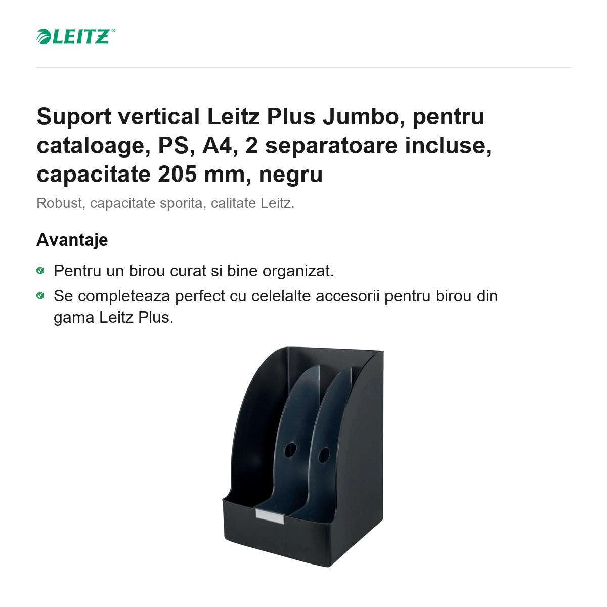 Suport vertical Leitz Plus Jumbo, pentru cataloage, PS, A4, 2 separatoare incluse, capacitate 205 mm, negru [2]
