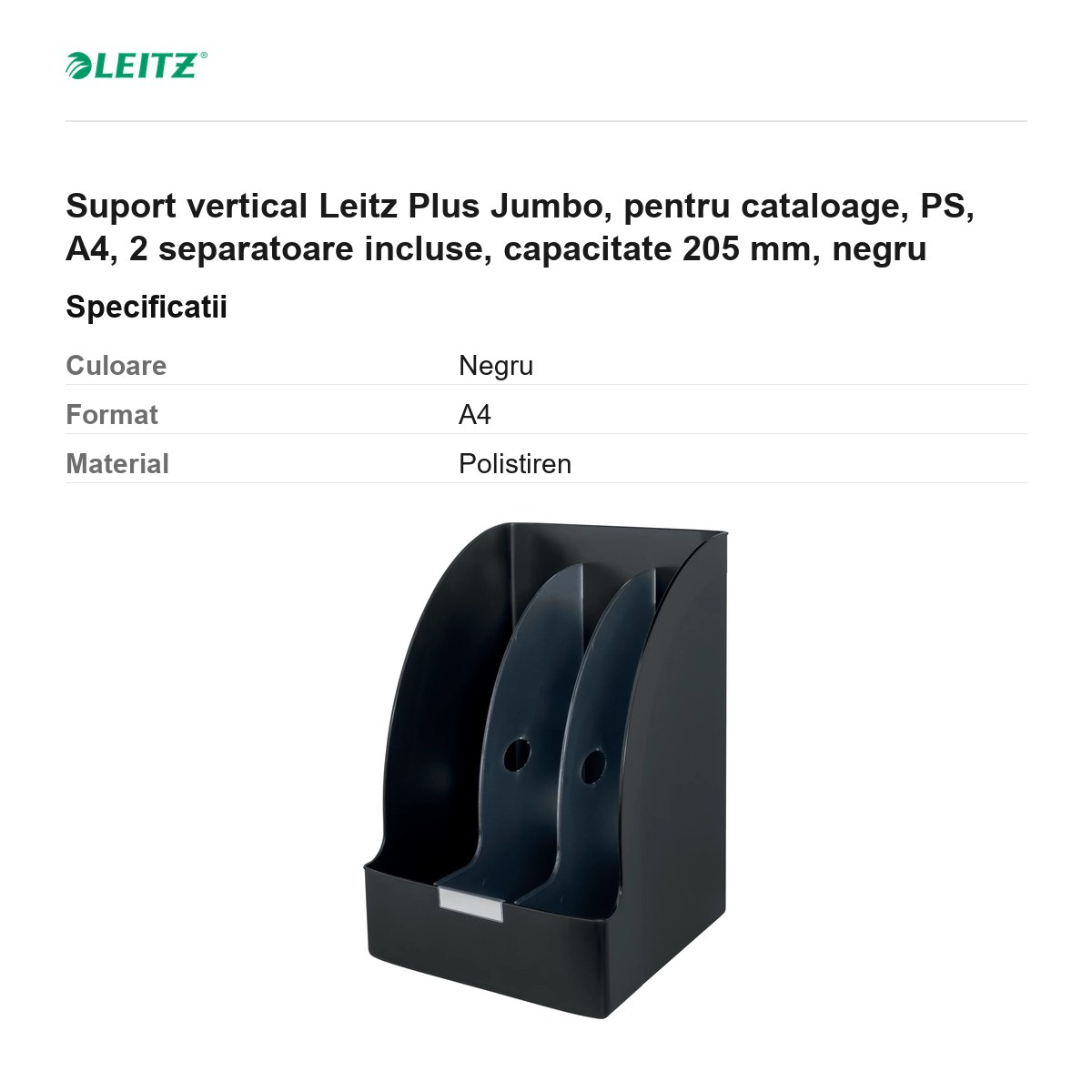 Suport vertical Leitz Plus Jumbo, pentru cataloage, PS, A4, 2 separatoare incluse, capacitate 205 mm, negru [3]