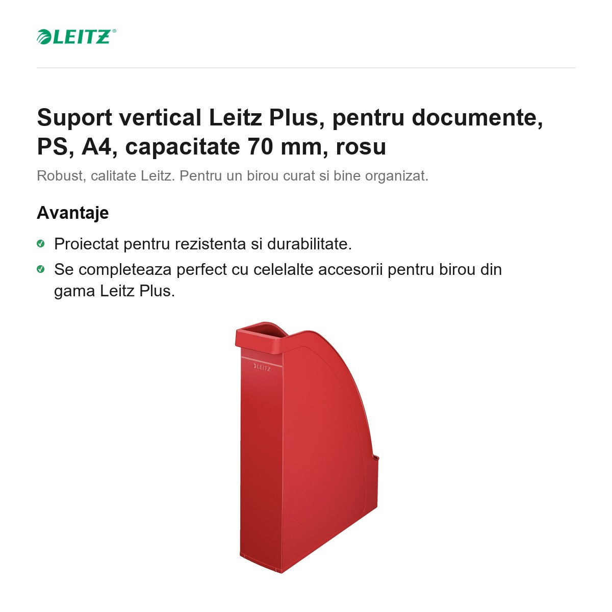 Suport vertical Leitz Plus, pentru documente, PS, A4, capacitate 70 mm, rosu [2]
