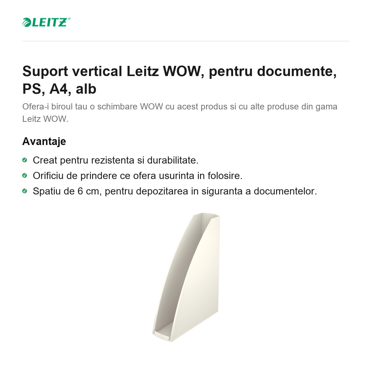 Suport vertical Leitz WOW, pentru documente, PS, A4, alb [2]
