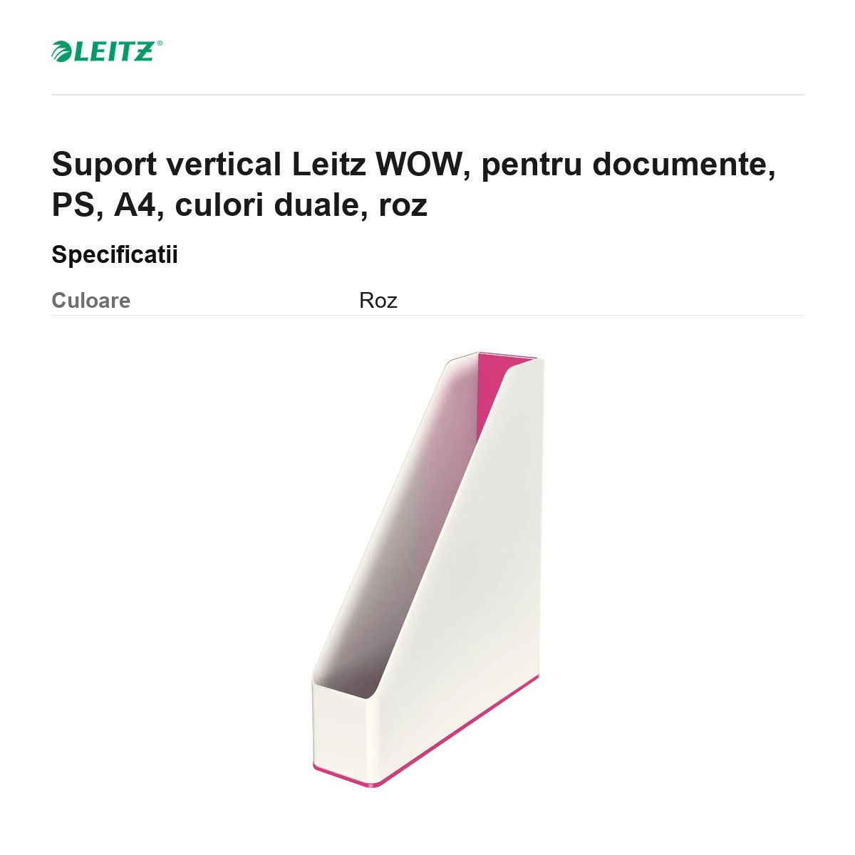 Suport vertical Leitz WOW, pentru documente, PS, A4, culori duale, roz [3]