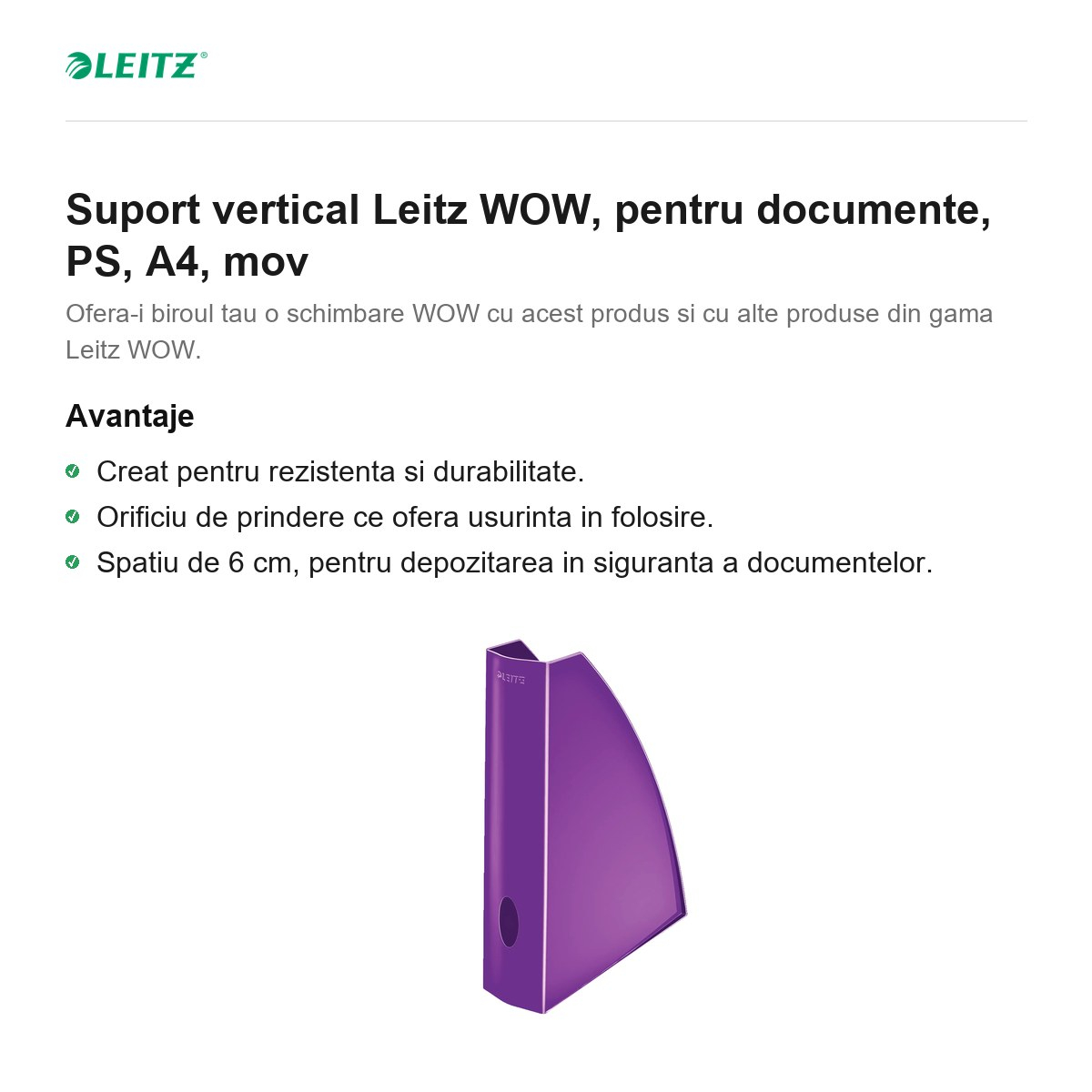 Suport vertical Leitz WOW, pentru documente, PS, A4, mov [2]