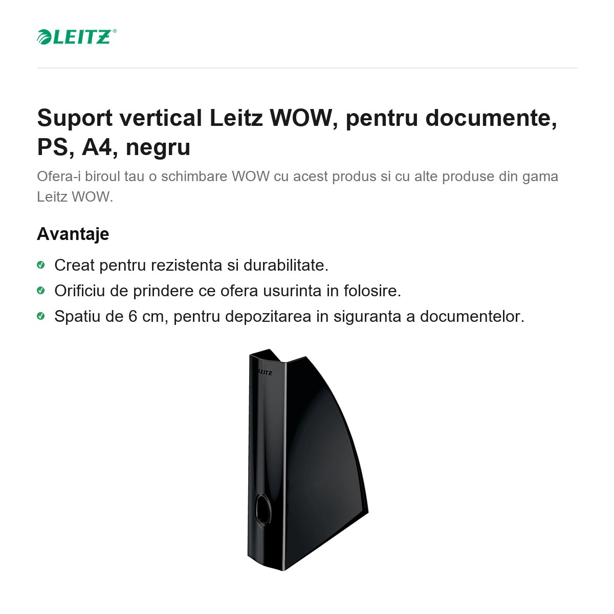 Suport vertical Leitz WOW, pentru documente, PS, A4, negru [2]