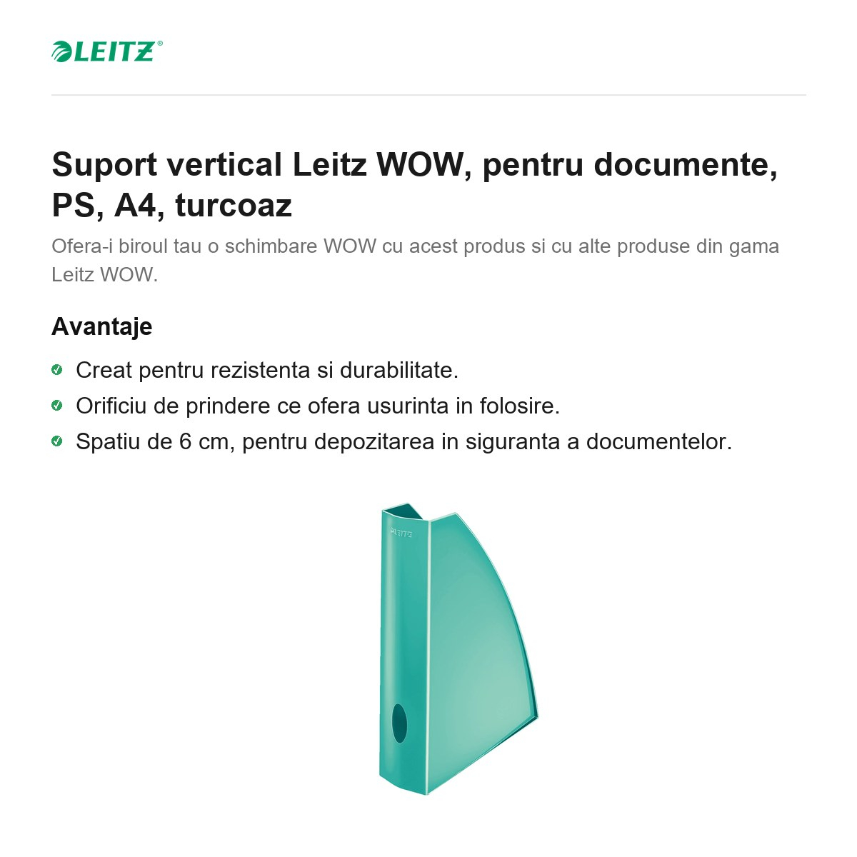 Suport vertical Leitz WOW, pentru documente, PS, A4, turcoaz [2]