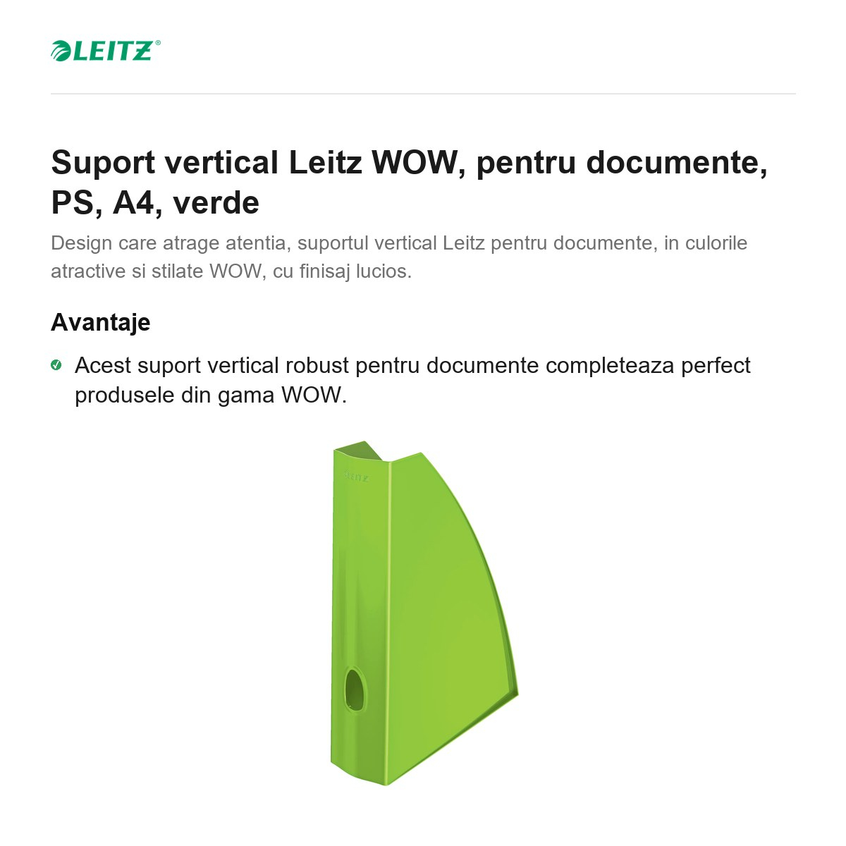 Suport vertical Leitz WOW, pentru documente, PS, A4, verde [2]