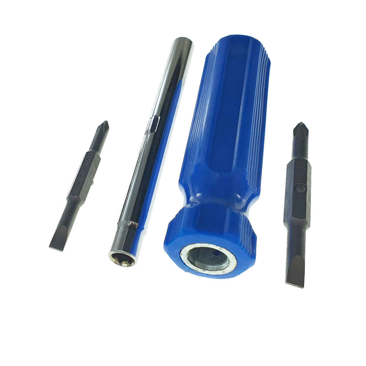 Surubelnita 4in1, cu tija 118x11mm , 2 capete drepte de 5 si 6 mm, 2 capete cruce de 5 si 6 mm, maner din plastic albastru [6]