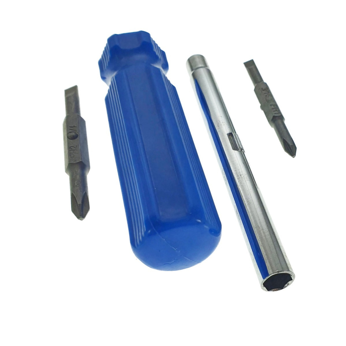 Surubelnita 4in1, cu tija 118x11mm , 2 capete drepte de 5 si 6 mm, 2 capete cruce de 5 si 6 mm, maner din plastic albastru [7]