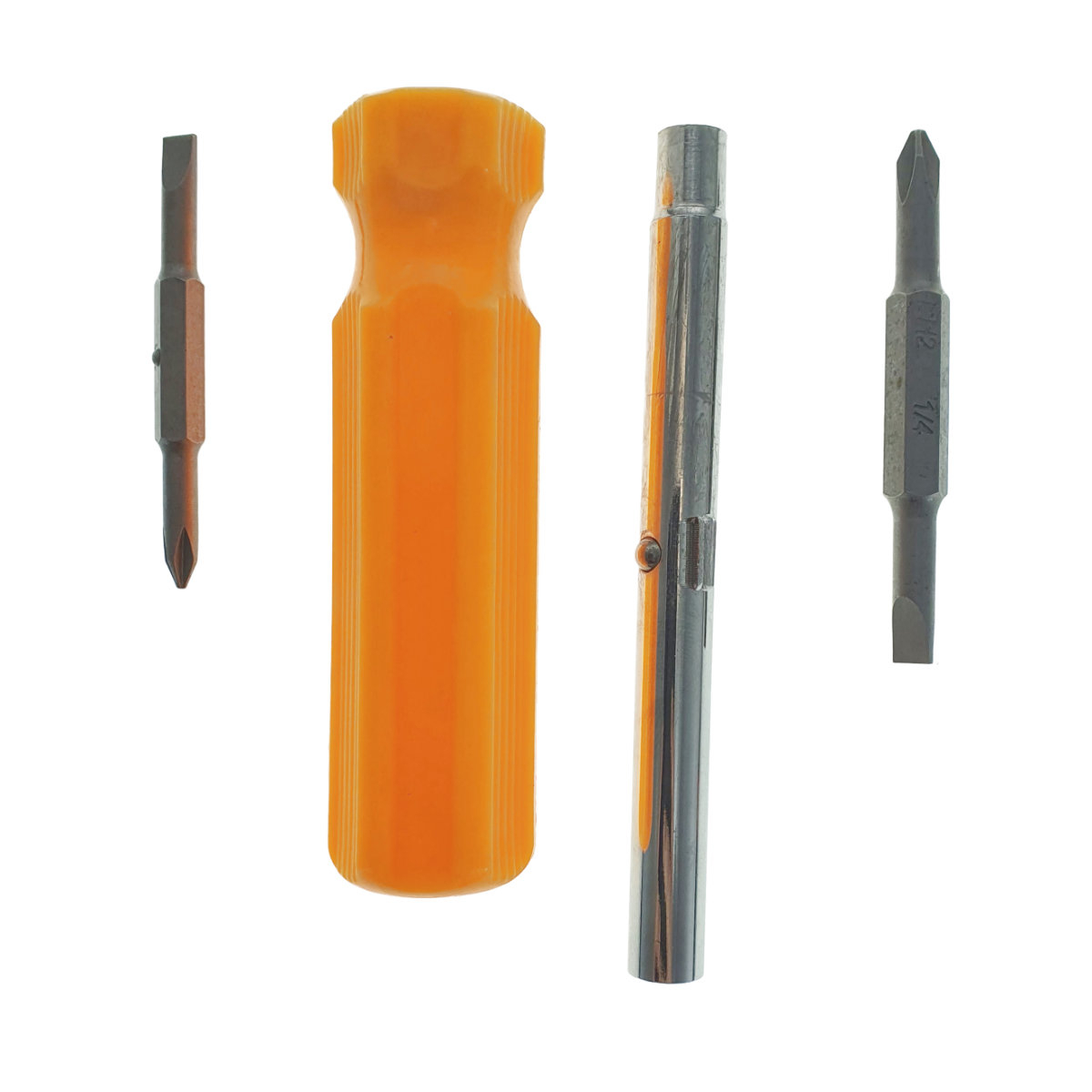 Surubelnita 4in1, cu tija 118x11mm , 2 capete drepte de 5 si 6 mm, 2 capete cruce de 5 si 6 mm, maner din plastic portocaliu [2]