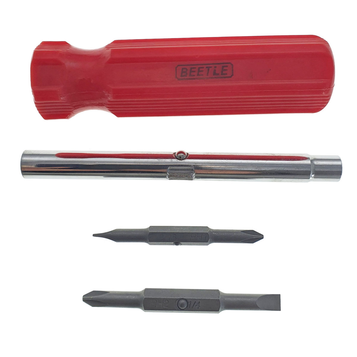 Surubelnita 4in1, cu tija 118x11mm , 2 capete drepte de 5 si 6 mm, 2 capete cruce de 5 si 6 mm, maner din plastic rosu [6]