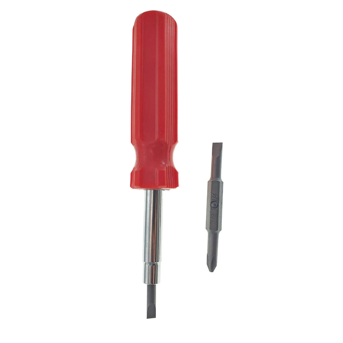 Surubelnita 4in1, cu tija 118x11mm , 2 capete drepte de 5 si 6 mm, 2 capete cruce de 5 si 6 mm, maner din plastic rosu [3]