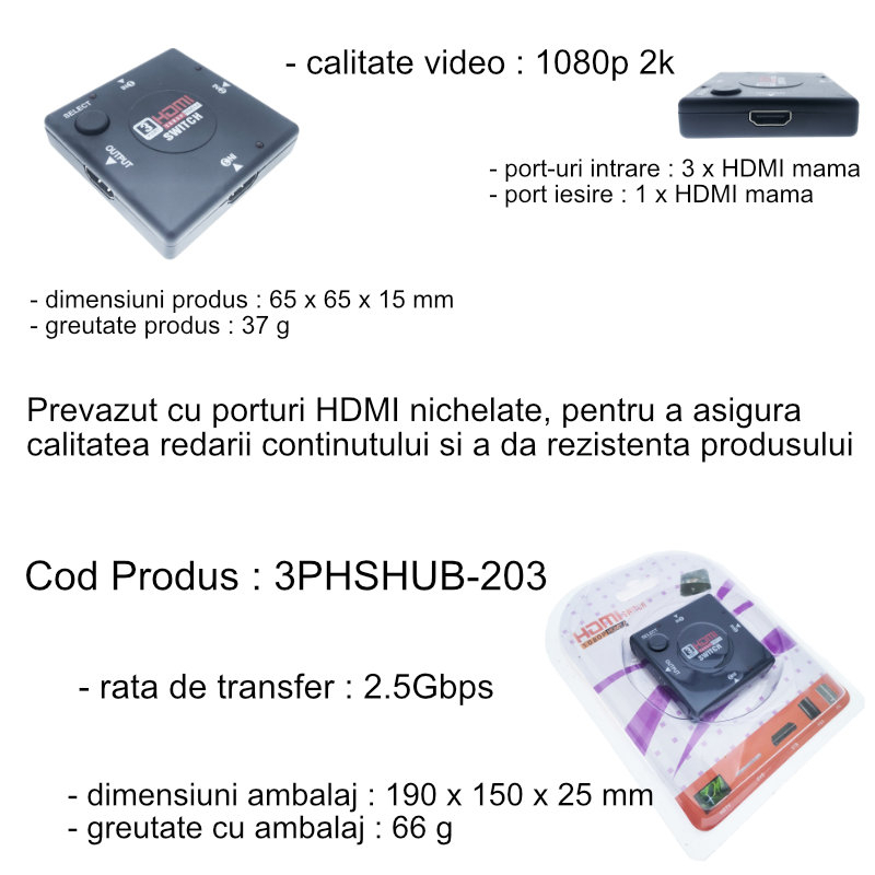 Switch video cu 3 intrari HDMI si o iesire HDMI, Full HD 1080p, cu comutator, negru [6]