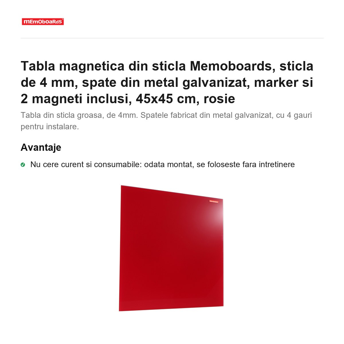 Tabla magnetica din sticla Memoboards, sticla de 4 mm, spate din metal galvanizat, marker si 2 magneti inclusi, 45x45 cm, rosie [2]