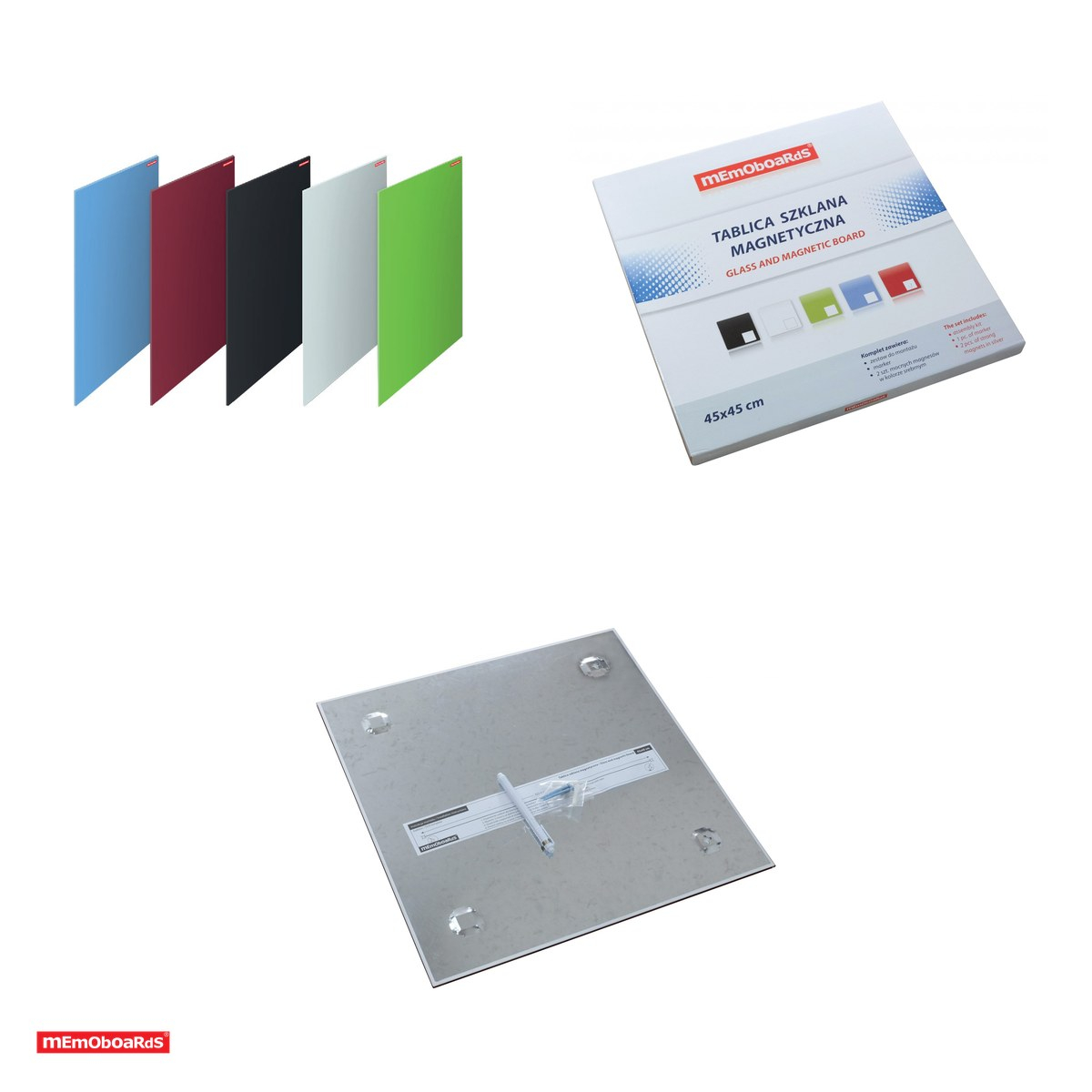 Tabla magnetica din sticla Memoboards, sticla de 4 mm, spate din metal galvanizat, marker si 2 magneti inclusi, 45x45 cm, rosie [4]