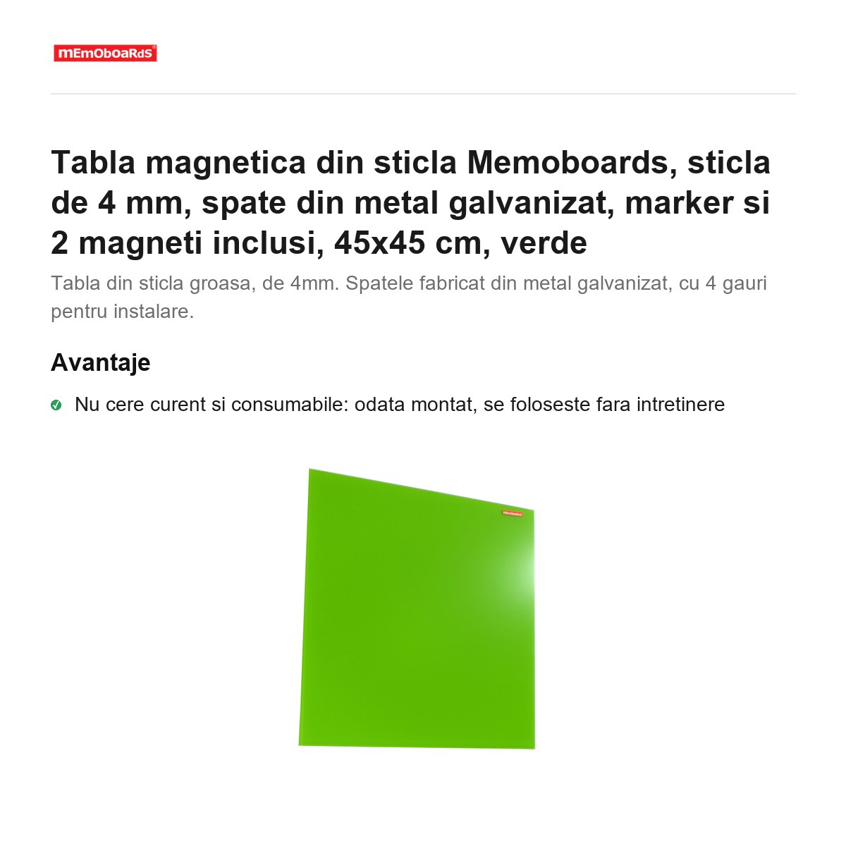Tabla magnetica din sticla Memoboards, sticla de 4 mm, spate din metal galvanizat, marker si 2 magneti inclusi, 45x45 cm, verde [2]
